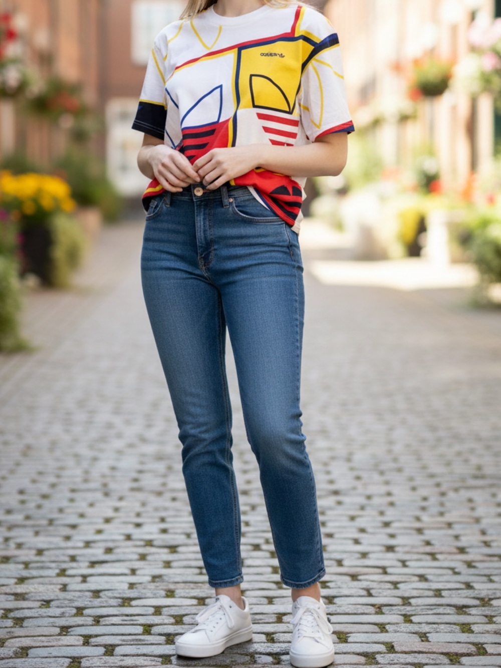 Unisex- adidas White Tee with Red, Yellow & Blue Graphic Blocks
